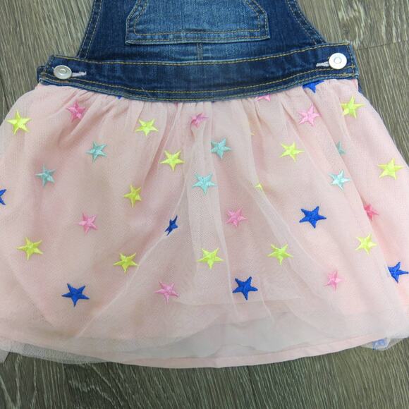 DENIM OVERALL DRESS Tulle Tutu Little Girls Size 2T Pink Stars Lined Princess - Picture 3 of 5